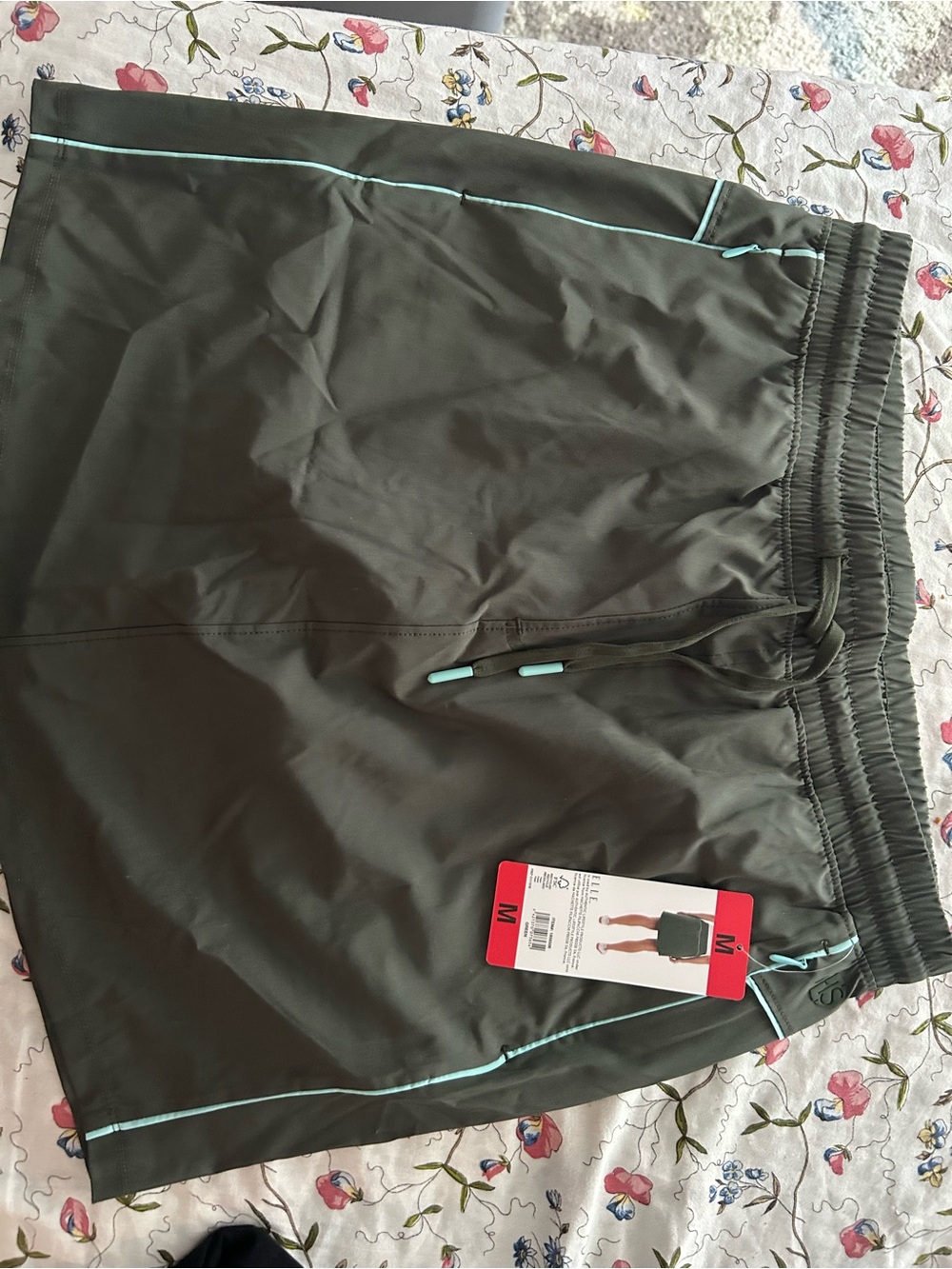 Elle Olive Athletic Shorts with Teal Trim